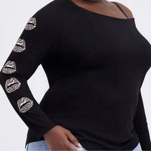 Torrid Slub Knit Leopard Lips Off Shoulder Top Black 1 1X